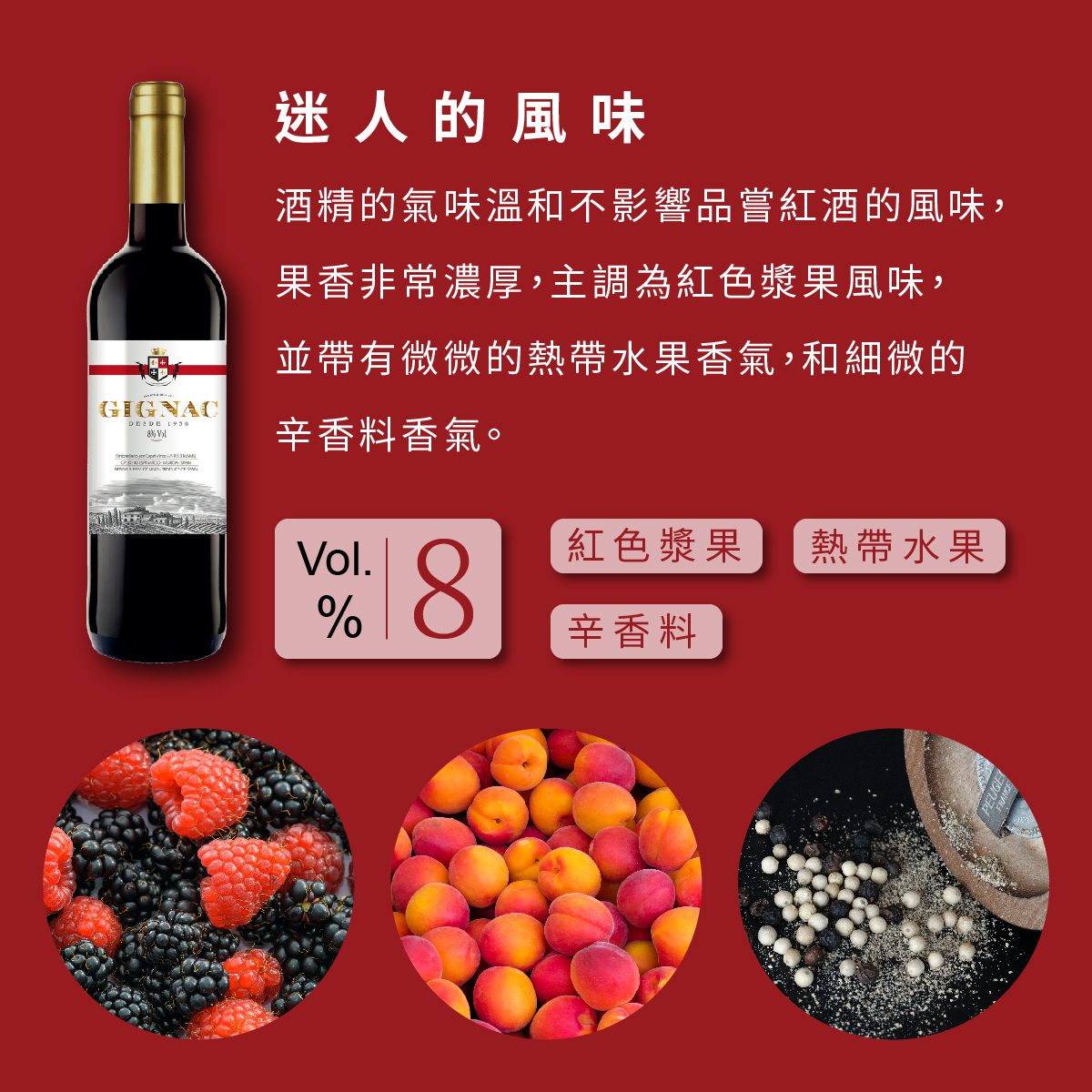 酒精的氣味溫和不影響品嘗紅酒的風味， 果香非常濃厚，主調為紅色漿果風味， 並帶有微微的熱帶水果香氣，和細微的 辛香料香氣。